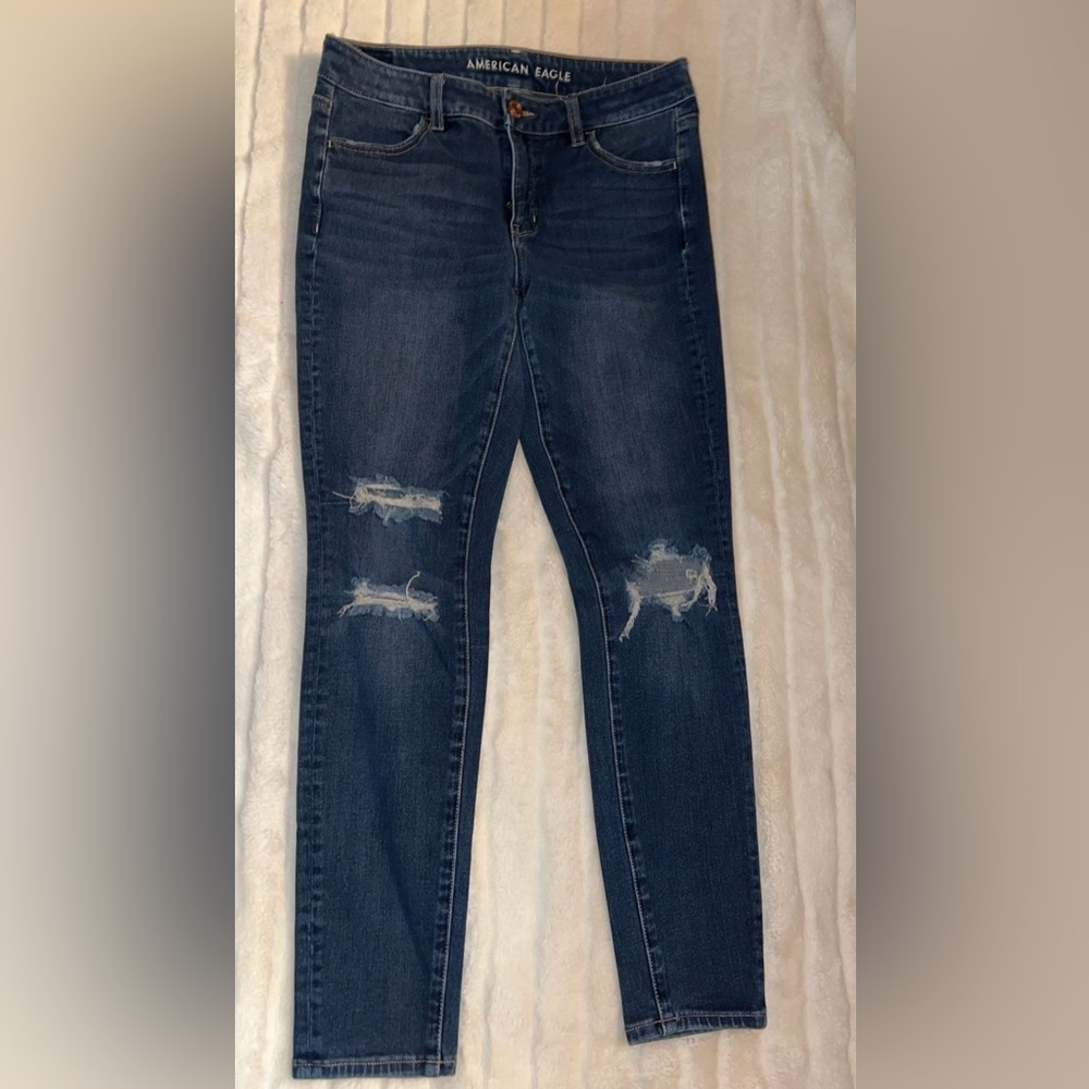 American Eagle Outfitters Blue Skinny Jeans with Distressed Details